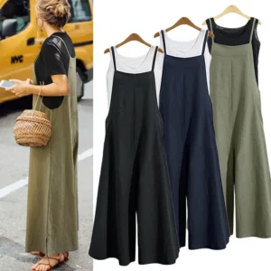 Women Summer Cotton Linen Loose Wide Leg Casual Jumpsuit Overalls