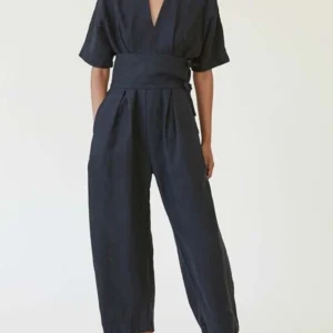 Cotton Linen V-Neck Belted Loose Jumpsuit Women Summer Casual