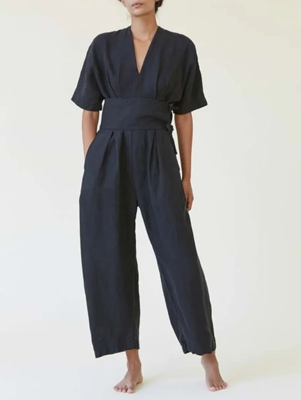 Cotton Linen V-Neck Belted Loose Jumpsuit Women Summer Casual