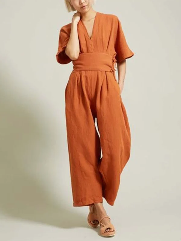 Cotton Linen V-Neck Belted Loose Jumpsuit Women Summer Casual - Image 2