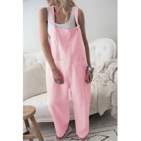 Women Loose Cotton Linen Vintage Jumpsuit With Buttons Pockets - Image 6