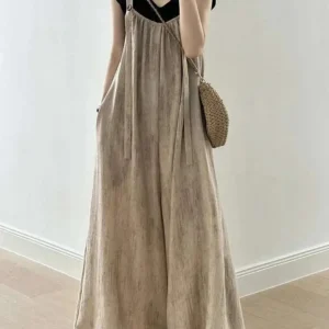 Women Linen Wide Leg High Waist Casual Jumpsuit Spring Autumn