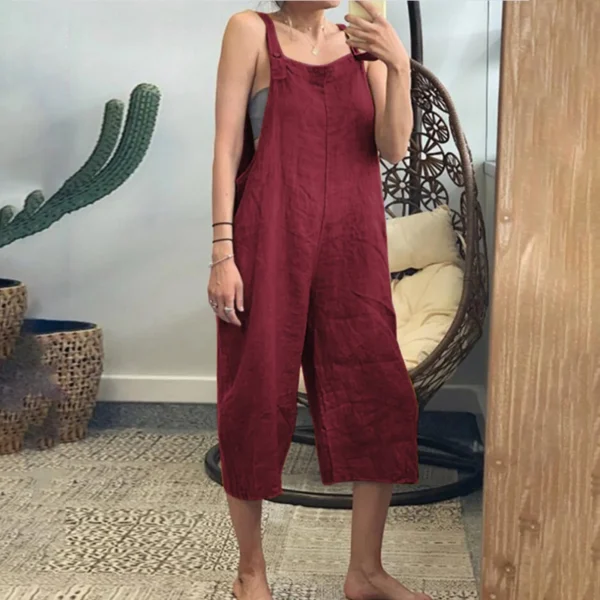 Solid Color Loose Cotton Linen Jumpsuit Sleeveless Harem Vintage Overalls - Image 2