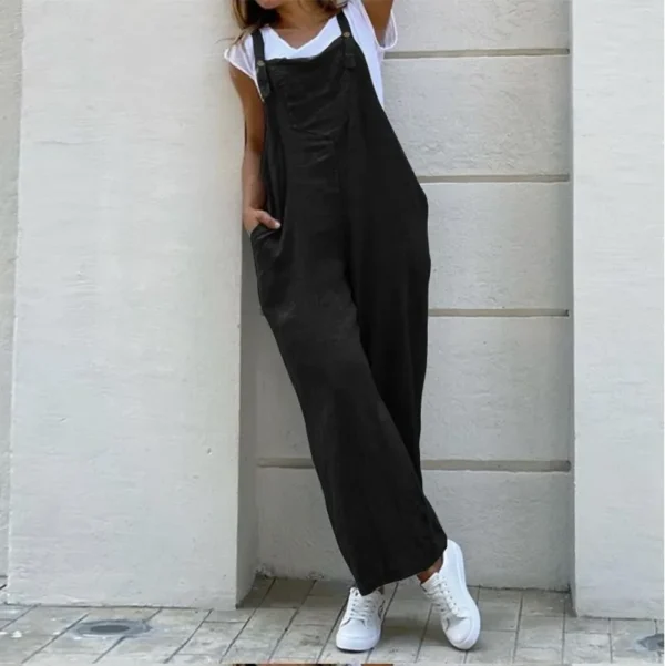 Spring Linen Oversize Black Rompers Women Wide-Leg Casual Jumpsuit - Image 2