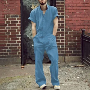 Men’s Summer Linen Jumpsuit Casual Short Sleeve Breathable Pants