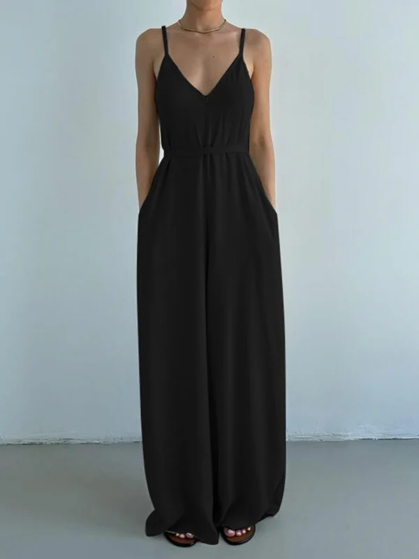 Rockmore Cotton Linen Sleeveless V-Neck Wide Leg Jumpsuit Outfit - Image 3