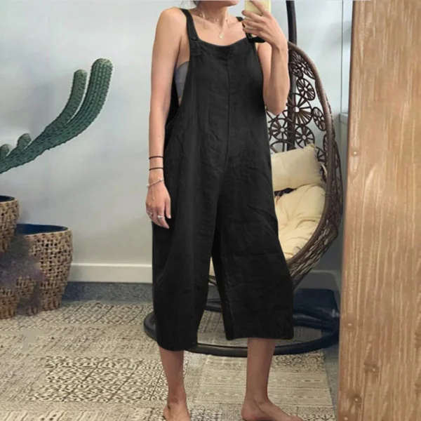 Solid Color Loose Cotton Linen Jumpsuit Sleeveless Harem Vintage Overalls