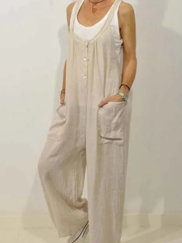 Button Sleeveless Cotton Linen Jumpsuit With Pockets Wide Leg Overalls - Image 4
