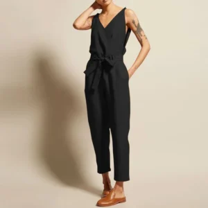 Cotton Linen Sleeveless V-Neck Drawstring Waist Jumpsuit Plus Size