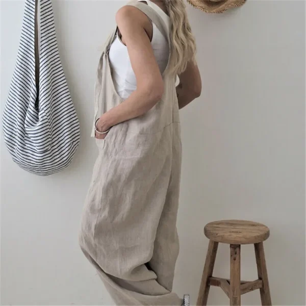 Women Loose Cotton Linen Vintage Jumpsuit With Buttons Pockets - Image 2