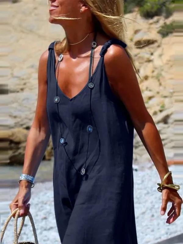 Casual Black Cotton Linen Jumpsuit With Spaghetti Straps For Summer - Image 5