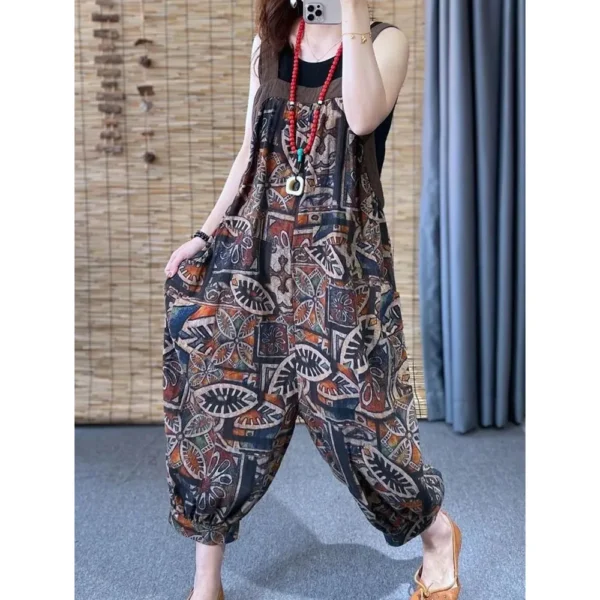 Ethnic Printed Linen Suspender Jumpsuit Women Loose Summer Overalls - Image 6