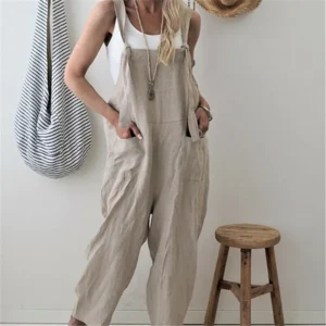 Women Loose Cotton Linen Vintage Jumpsuit With Buttons Pockets