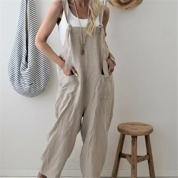 Women Loose Cotton Linen Vintage Jumpsuit With Buttons Pockets