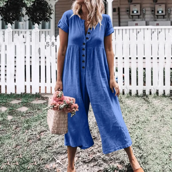 Vintage Cotton Linen Jumpsuit Women Ruched Wide-Leg Loose Rompers - Image 2