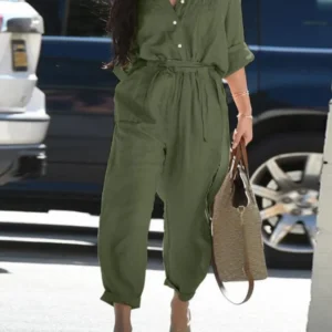 Cotton Linen Long Sleeve Jumpsuit With Lace-Up For Women Casual Vintage