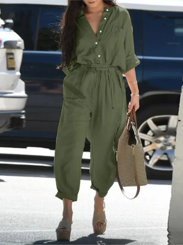 Cotton Linen Long Sleeve Jumpsuit With Lace-Up For Women Casual Vintage