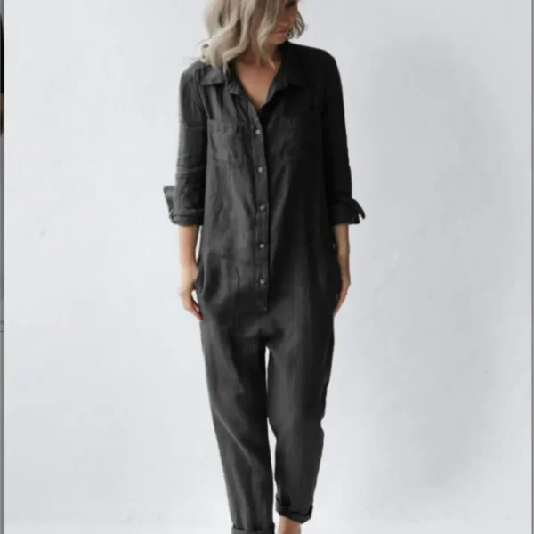 Fashion Cotton Linen Vintage Long Sleeve Pocket Jumpsuit For Women - Image 3