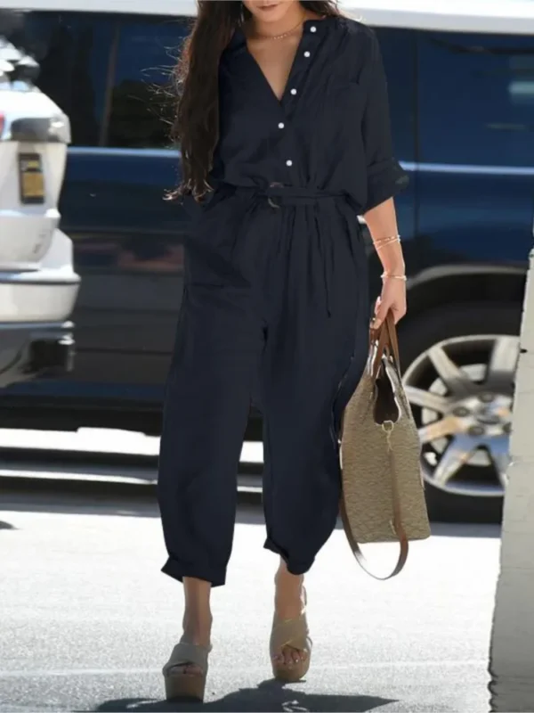 Cotton Linen Long Sleeve Jumpsuit With Lace-Up For Women Casual Vintage - Image 3