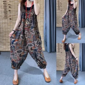 Ethnic Printed Linen Suspender Jumpsuit Women Loose Summer Overalls