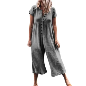 Vintage Cotton Linen Jumpsuit Women Ruched Wide-Leg Loose Rompers