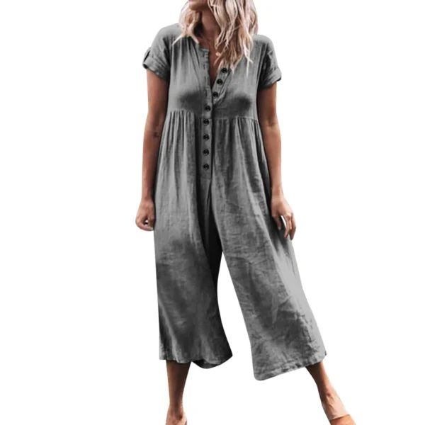 Vintage Cotton Linen Jumpsuit Women Ruched Wide-Leg Loose Rompers