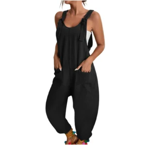 Women’s Casual Cotton Linen Spaghetti Strap Summer Harem Jumpsuit