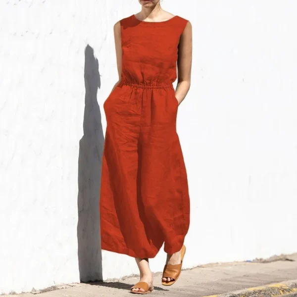 Solid Color Cotton Linen Jumpsuit Sleeveless High Waist Wide Legs - Image 2