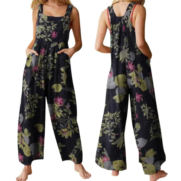 Women’s Cotton Linen Floral Jumpsuit Sleeveless Loose Casual Pockets - Image 2