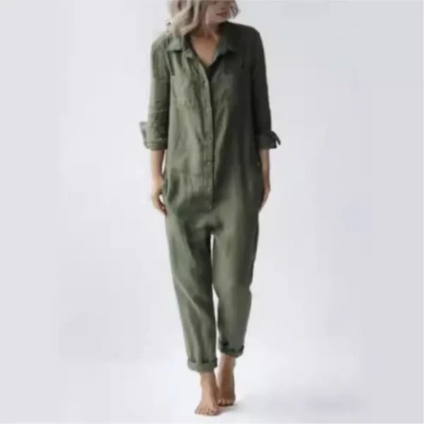 Fashion Cotton Linen Vintage Long Sleeve Pocket Jumpsuit For Women - Image 4