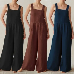 Cotton Linen Vintage Jumpsuit With Buttons Pockets And Sleeveless