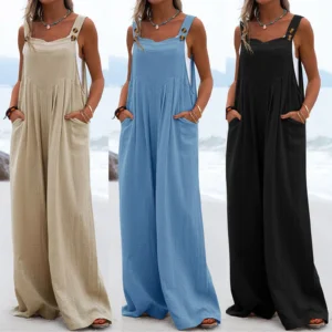 Women’s Cotton Linen Loose Solid Color Beach Holiday Romper Jumpsuit