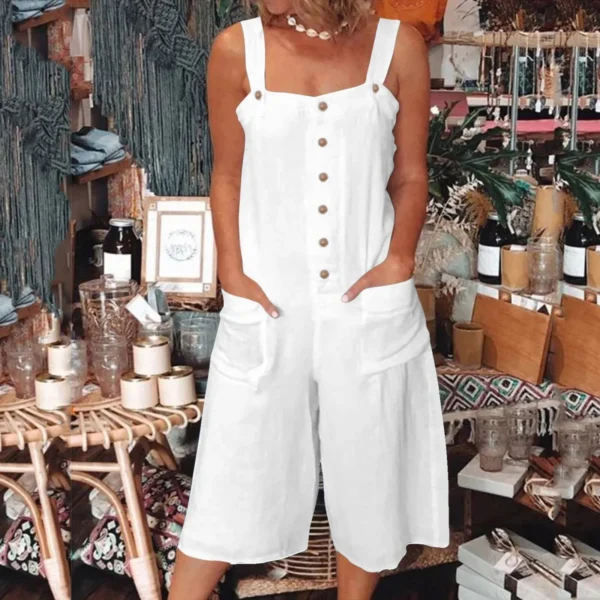 Women’s Loose Cotton Linen Wide Leg Jumpsuits With Pockets - Image 4