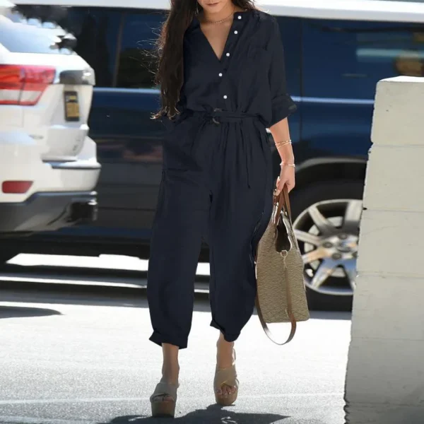 Elegant Cotton Linen Long Sleeve Belted Workwear Jumpsuit Women - Image 3