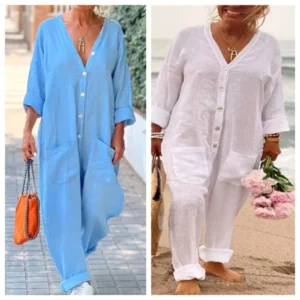 Summer Cotton Linen V-Neck Button Casual Loose Jumpsuit Women