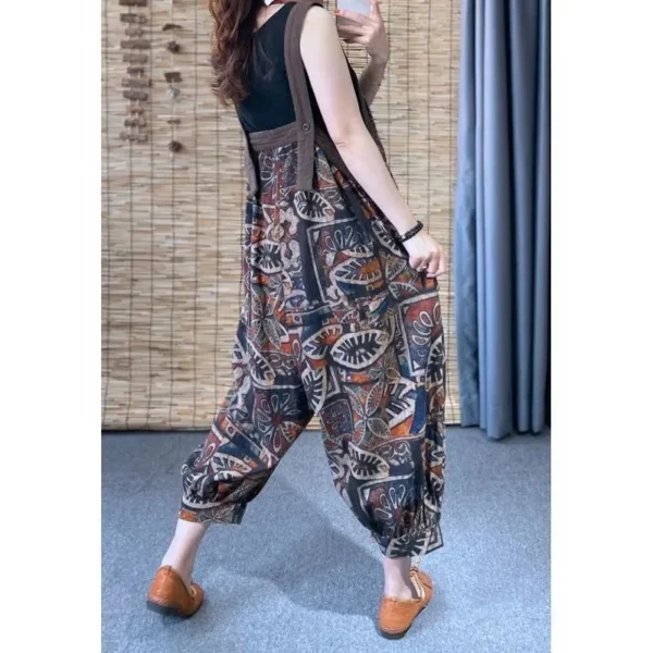Ethnic Printed Linen Suspender Jumpsuit Women Loose Summer Overalls - Image 4