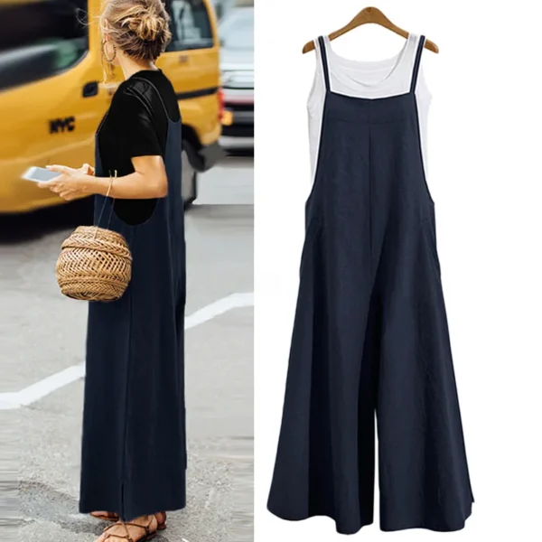 Women Summer Cotton Linen Loose Wide Leg Casual Jumpsuit Overalls - Image 3
