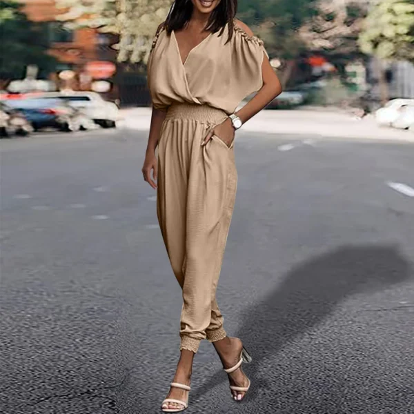 Casual Loose Cotton Linen V Neck Slim Waist Women’s Jumpsuit - Image 3