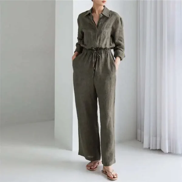 Wide Leg Cotton Linen Jumpsuit Women Lapel Drawstring With Pockets - Image 4