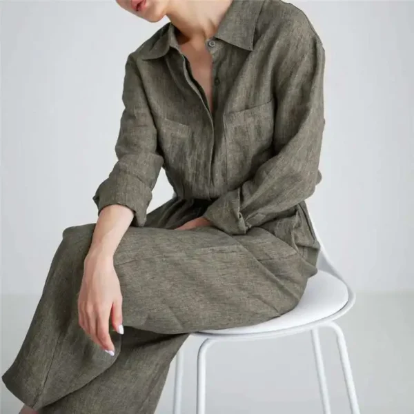 Wide Leg Cotton Linen Jumpsuit Women Lapel Drawstring With Pockets - Image 5