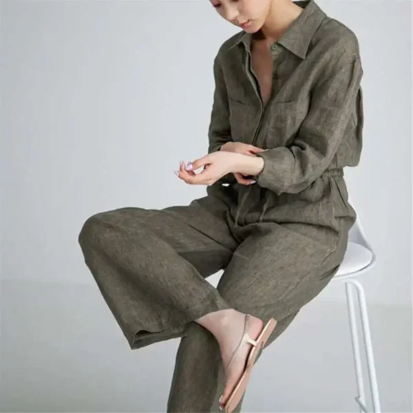 Wide Leg Cotton Linen Jumpsuit Women Lapel Drawstring With Pockets - Image 2