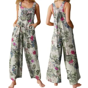 Women’s Cotton Linen Floral Jumpsuit Sleeveless Loose Casual Pockets