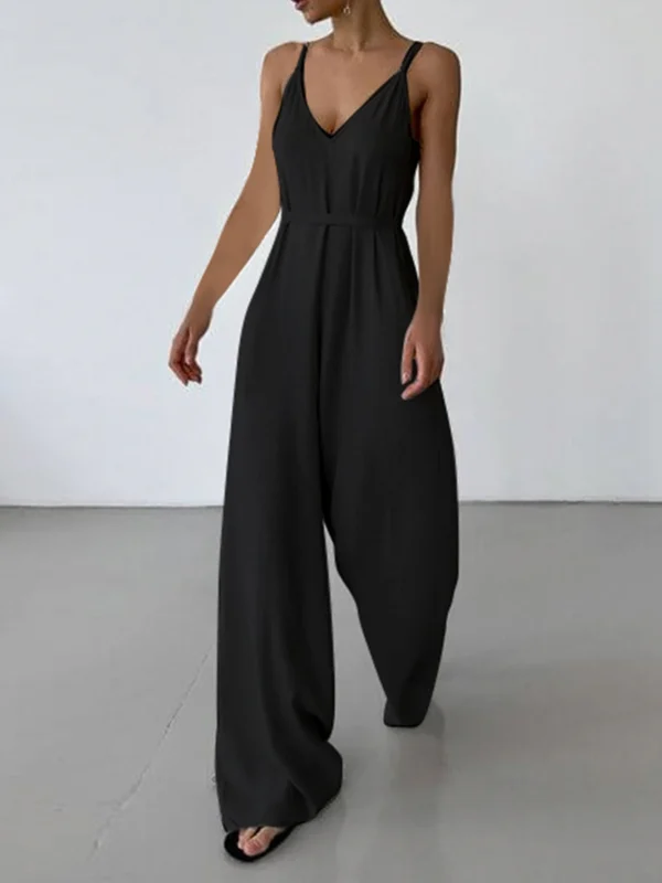 Rockmore Cotton Linen Sleeveless V-Neck Wide Leg Jumpsuit Outfit - Image 4