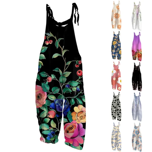 Women’s Cotton Linen Loose Print Jumpsuit Casual Overalls Pockets - Image 5