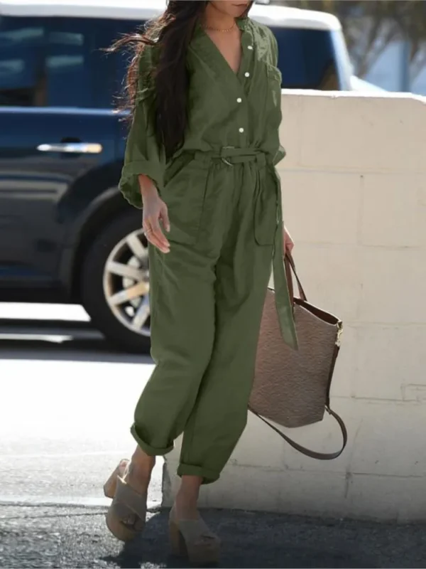 Cotton Linen Long Sleeve Jumpsuit With Lace-Up For Women Casual Vintage - Image 6