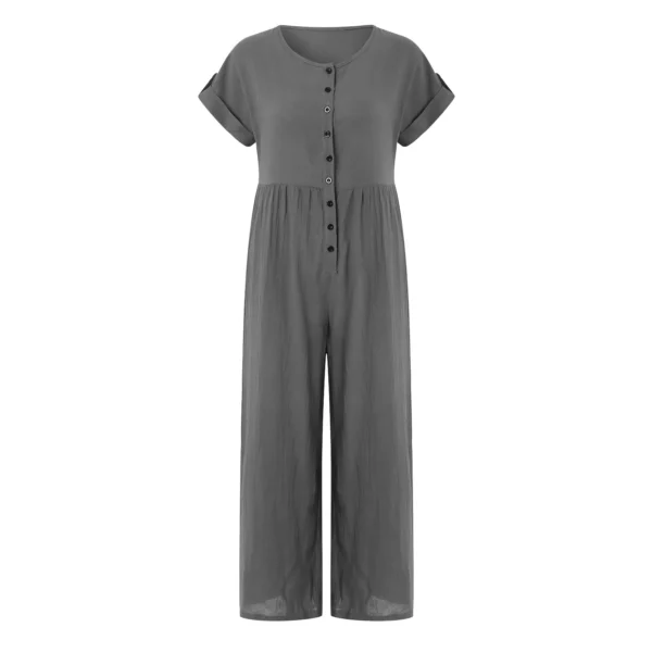 Vintage Cotton Linen Jumpsuit Women Ruched Wide-Leg Loose Rompers - Image 4