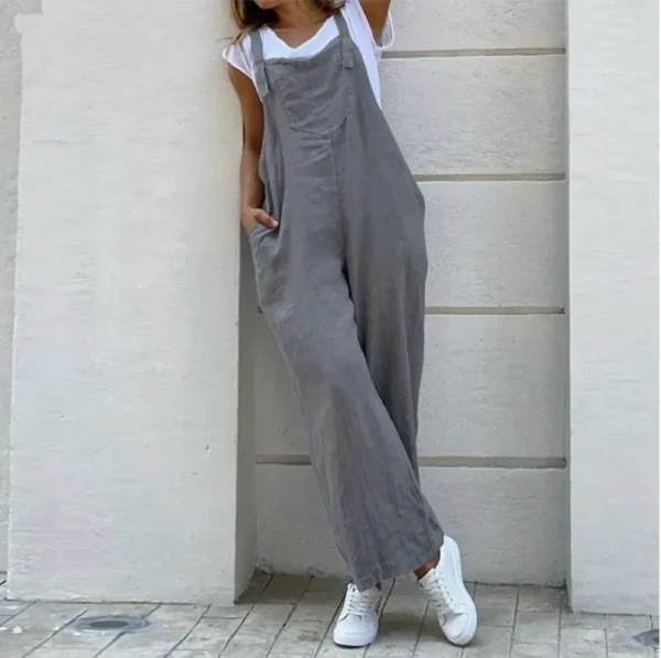 Spring Linen Oversize Black Rompers Women Wide-Leg Casual Jumpsuit - Image 3
