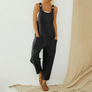 Women’s Cotton Linen Jumpsuit Solid Bib Pants Casual Pocket