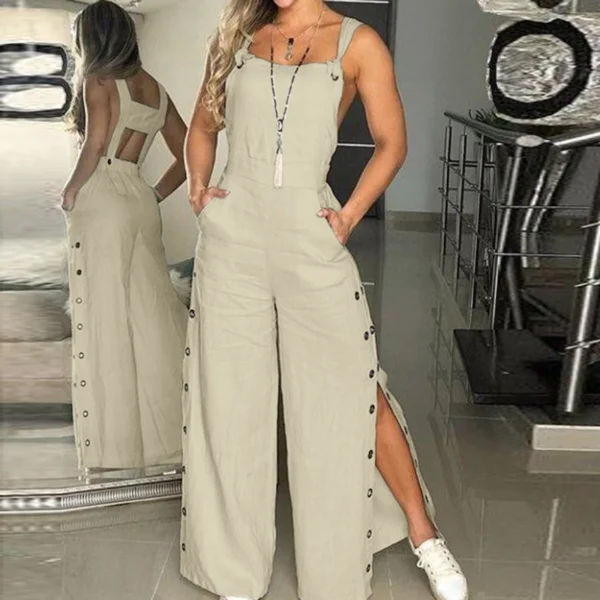 Women’s Sleeveless Cotton Linen Wide Leg Summer Strappy Jumpsuit - Image 2
