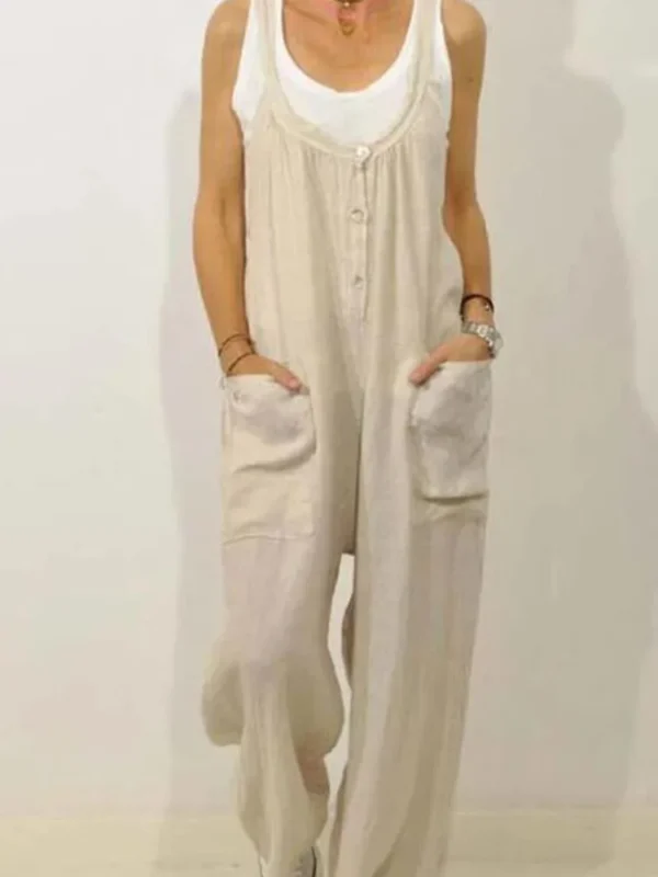 Button Sleeveless Cotton Linen Jumpsuit With Pockets Wide Leg Overalls - Image 3